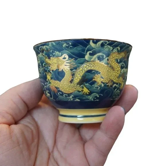 Chinese Golden Dragon Teacup Teapot Blue Red Ball Luck Sea Waves Signed READ - Picture 3 of 16